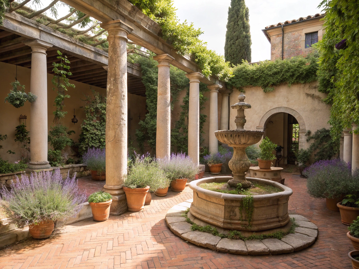 Tranquil Italian estate stone courtyard under warm sunlight