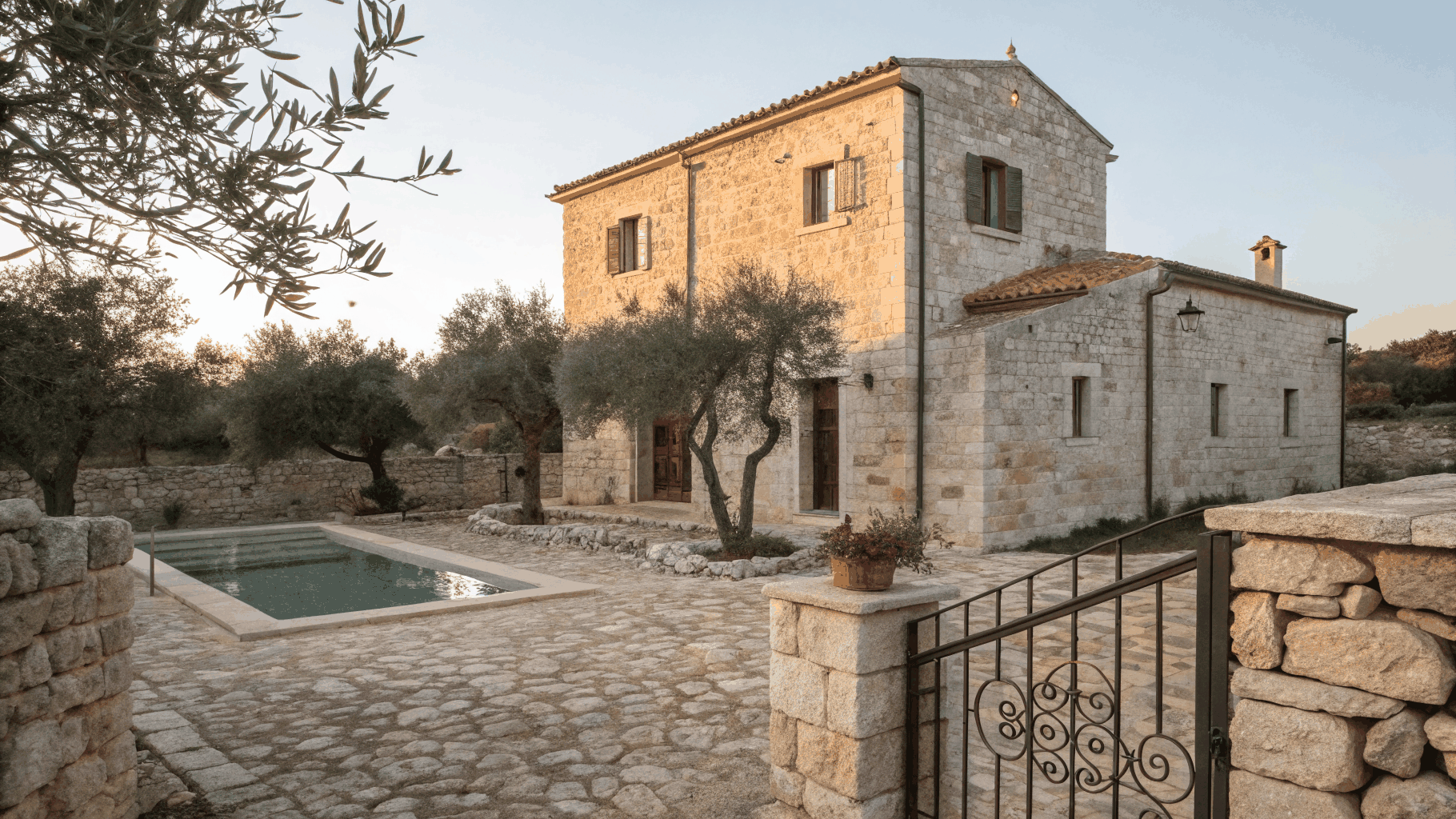 Restored Mediterranean stone masseria with ancient olive trees, clean architectural lines and natural morning light
